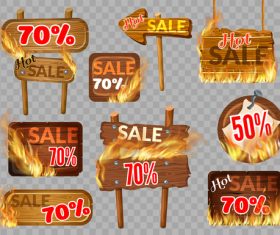 Discount wooden sign with fire flame vector 03
