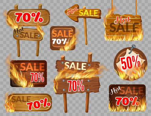 Discount wooden sign with fire flame vector 03