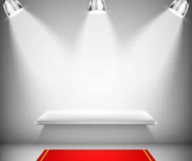 Exhibition shelf with red carpet and spotlights vector