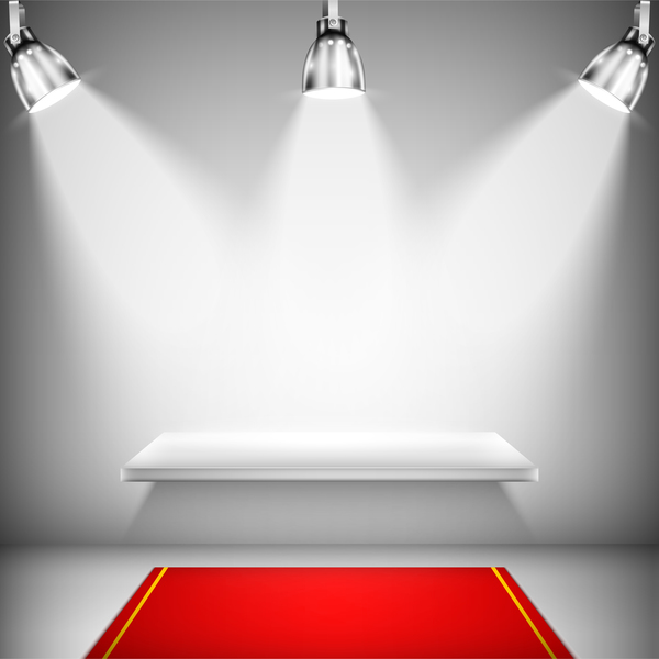 Exhibition shelf with red carpet and spotlights vector