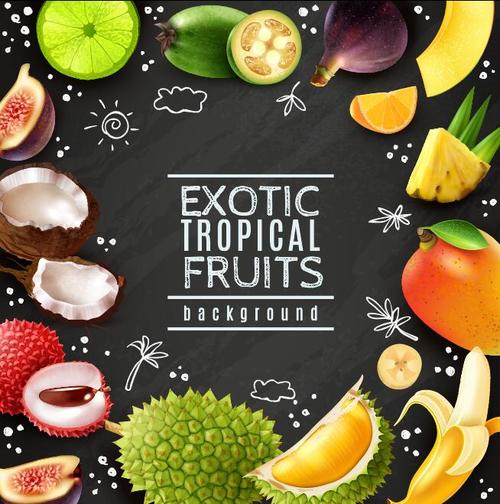 Exotic tropical fruits background vector