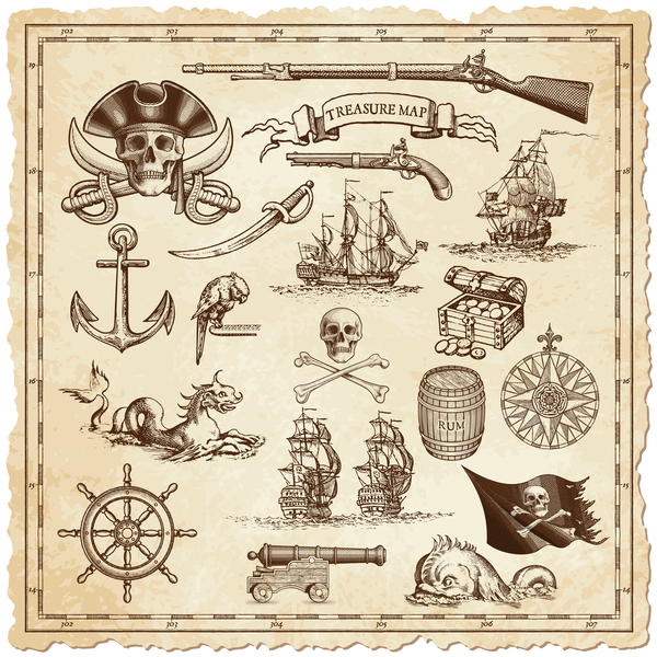 Explore tresaure map with pirate elements vector 01