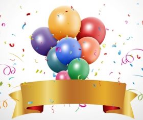 Golden banner and confetti with balloons background vector