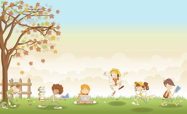 Grass meadow with cute students vector 03
