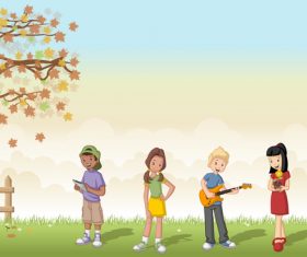 Grass meadow with cute students vector 04