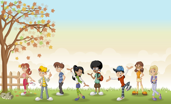 Grass meadow with cute students vector 05