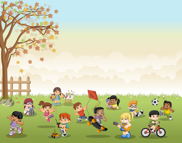 Grass meadow with cute students vector 06