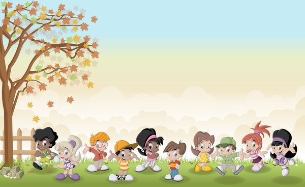 Grass meadow with cute students vector 07