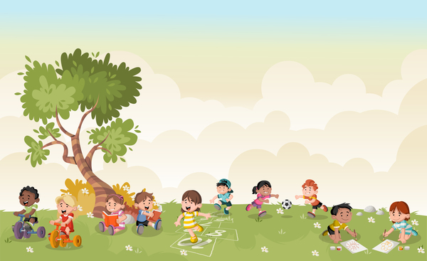 Grass meadow with cute students vector 08