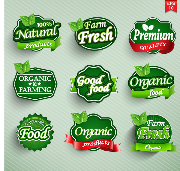 Green farm fresh with orgenic food labels vector