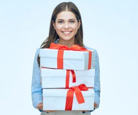 Happy business woman with gift boxes Stock Photo 03