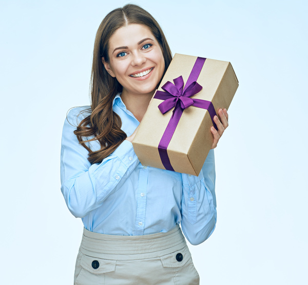 Happy business woman with gift boxes Stock Photo 04