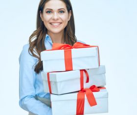 Happy business woman with gift boxes Stock Photo 05