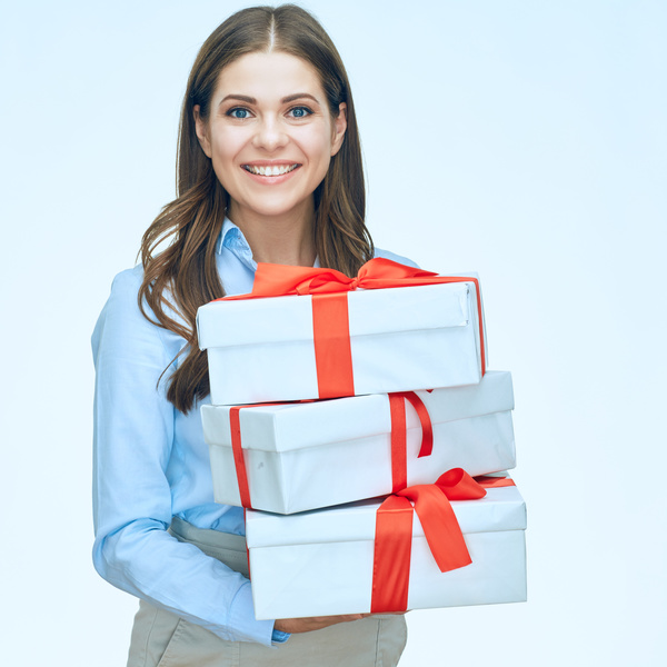 Happy business woman with gift boxes Stock Photo 05