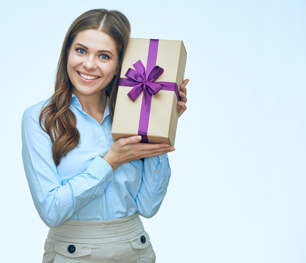 Happy business woman with gift boxes Stock Photo 06