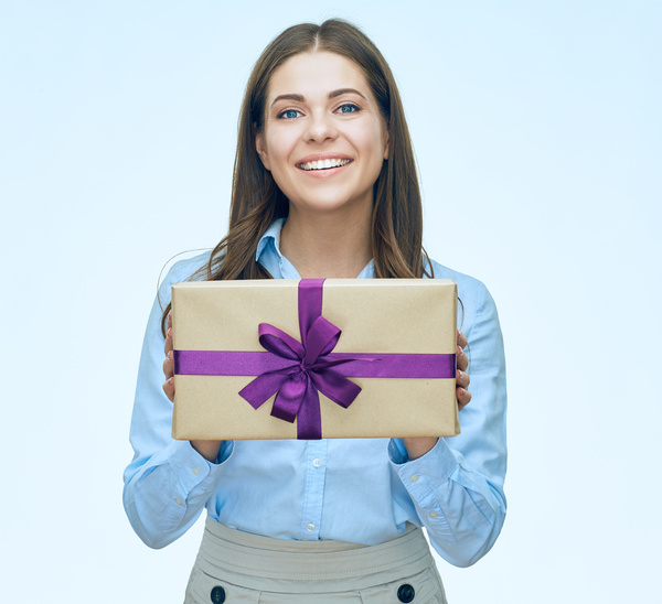 Happy business woman with gift boxes Stock Photo 07