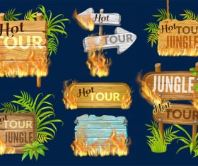 Hot tour jungle wooden sign with fire flame and leaves vector 01