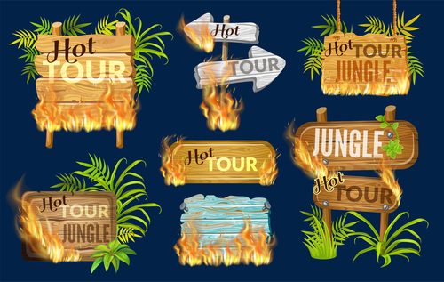 Hot tour jungle wooden sign with fire flame and leaves vector 01
