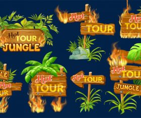 Hot tour jungle wooden sign with fire flame and leaves vector 02