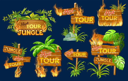 Hot tour jungle wooden sign with fire flame and leaves vector 02