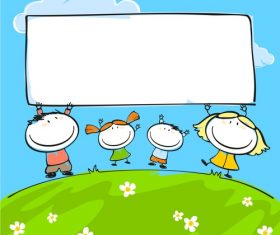 Kids with blank frame hand drawn cartoon vector 01