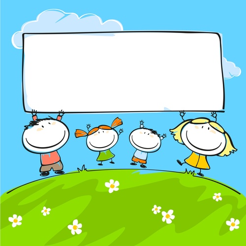 Kids with blank frame hand drawn cartoon vector 01
