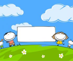 Kids with blank frame hand drawn cartoon vector 02