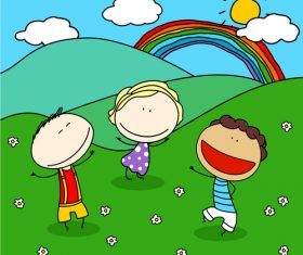 Kids with rainbow hand drawn cartoon vector