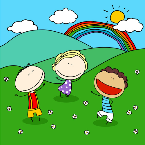 Kids with rainbow hand drawn cartoon vector