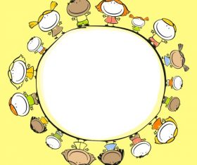 Kids with round frame hand drawn cartoon vector