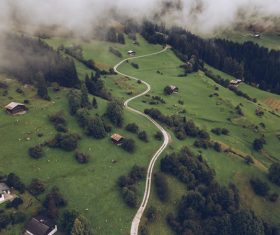 Misty peaceful countryside landscape from high view Stock Photo