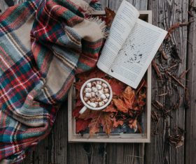 Open book and leaves decoration on wooden table Stock Photo