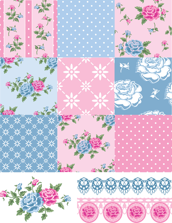 Pink with blue flower seamless pattern vector