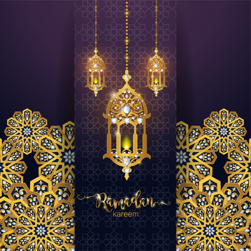Ramadan kareem golden ornament with background vector 02