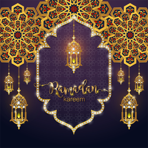 Ramadan kareem golden ornament with background vector 04