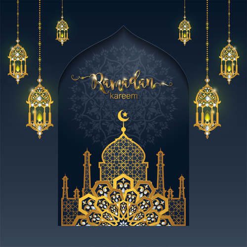 Ramadan kareem golden ornament with background vector 08