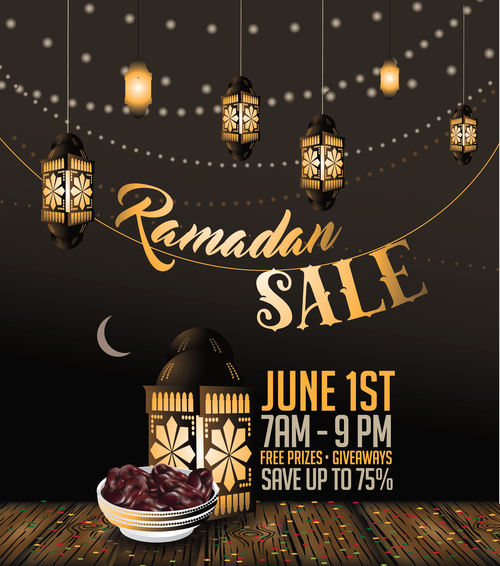 Ramadan sale background with wood floor vector
