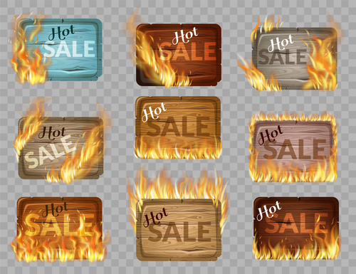 Sale wooden sign with fire flame vector