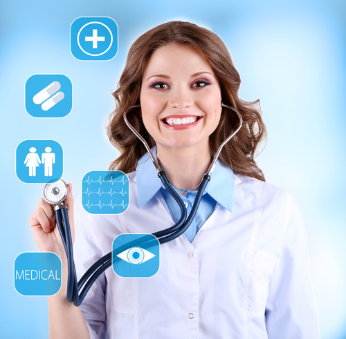 Smiling female doctor and medical service items Stock Photo