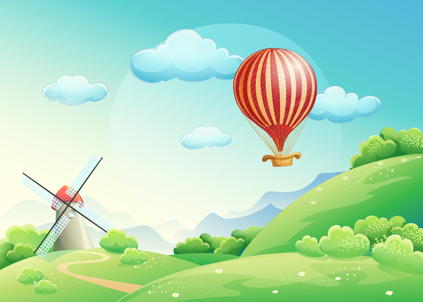 Spring Landscapes with hot balloon vector