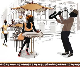 Street side cafe with leisurely people vector 01