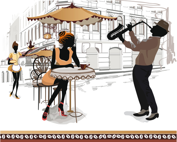Street side cafe with leisurely people vector 01