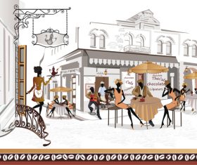 Street side cafe with leisurely people vector 03