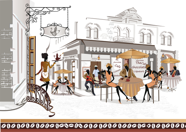 Street side cafe with leisurely people vector 03