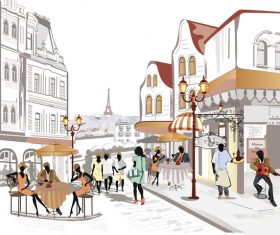 Street side cafe with leisurely people vector 04