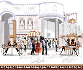 Street side cafe with leisurely people vector 06