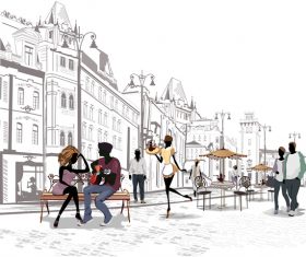 Street side cafe with people vector