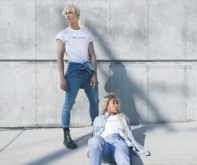 Stylish models couple posing in casual style Stock Photo