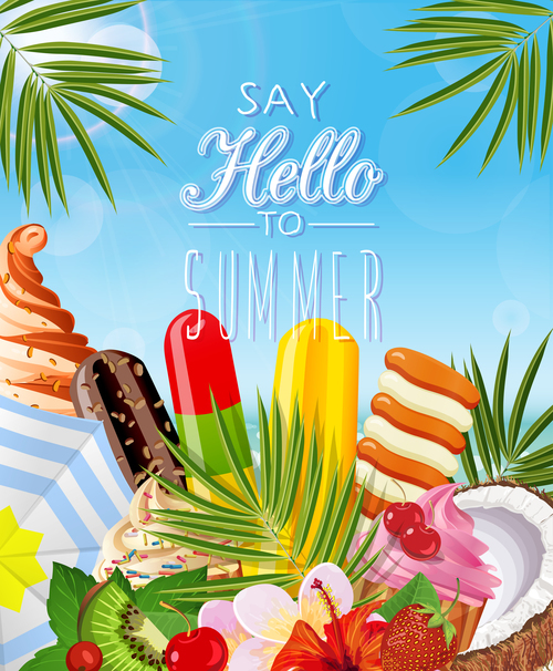 Summer background with ice cream and fruits vector