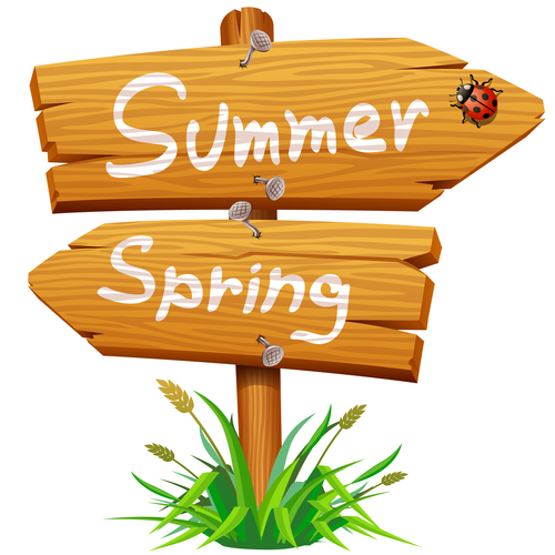 Summer with spring wooden sign vector